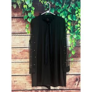 Black Midi Shift Dress PEARL Embellished Sheer Mesh Sleeves Cocktail Party XL